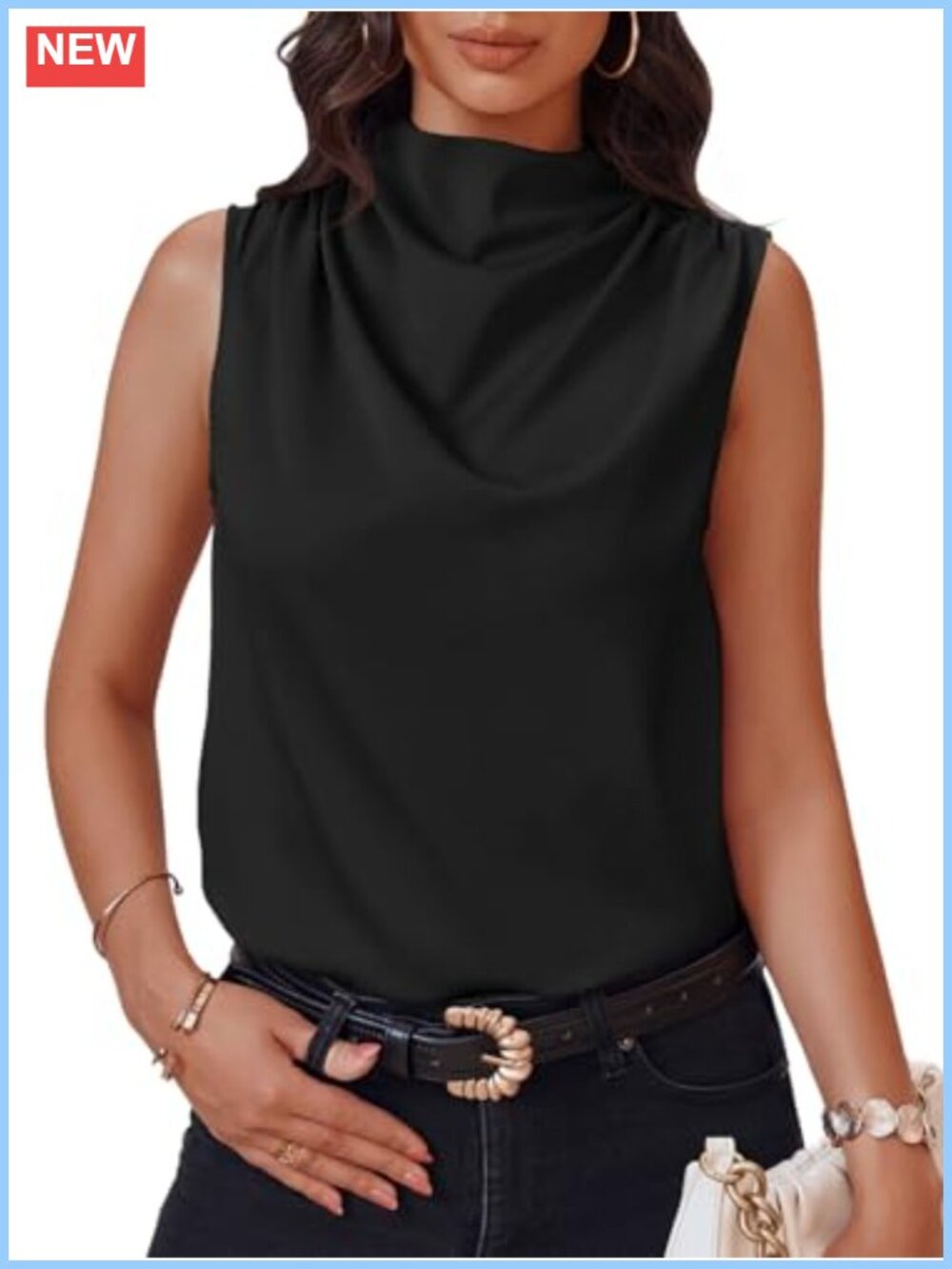 Silky Satin Mock Neck Tank Top Ruched Back Button Sleeveless Blouse Business